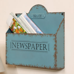 Wall Mounted Newspaper Basket Distressed Effect Blue Recycled Cast Iron Magazine Storage Basket