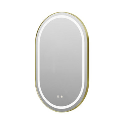 Wall Mounted Oval LED Bathroom Mirror Gold Frame Mirror with White ...