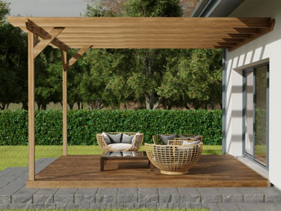 Wall mounted pergola and decking complete diy kit, Chamfered design (4.8m x 4.8m, Rustic brown finish)