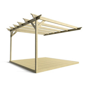 Wall mounted pergola and decking complete diy kit, Champion design (2.4m x 2.4m, Light green (natural) finish)