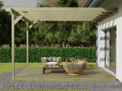 Wall mounted pergola and decking complete diy kit, Champion design (3.6m x 3.6m, Light green (natural) finish)