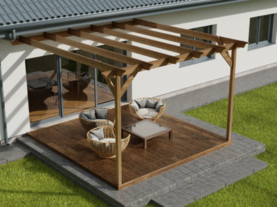 Wall mounted pergola and decking complete diy kit, Champion design (3.6m x 3.6m, Rustic brown finish)