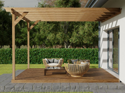 Wall mounted pergola and decking complete diy kit, Champion design (3.6m x 3.6m, Rustic brown finish)