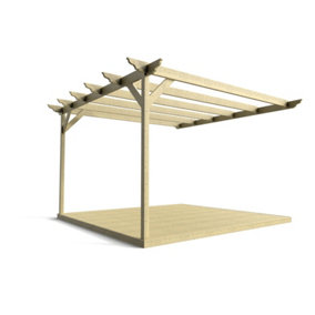 Wall mounted pergola and decking complete diy kit, Dinasty design (2.4m x 2.4m, Light green (natural) finish)