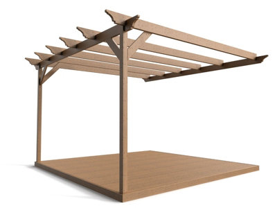 Wall mounted pergola and decking complete diy kit, Dinasty design (4.2m x 4.2m, Rustic brown finish)