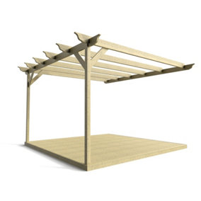 Wall mounted pergola and decking complete diy kit, Longhorn design (2.4m x 2.4m, Light green (natural) finish)