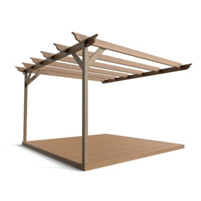 Wall mounted pergola and decking complete diy kit, Longhorn design (2.4m x 2.4m, Rustic brown finish)