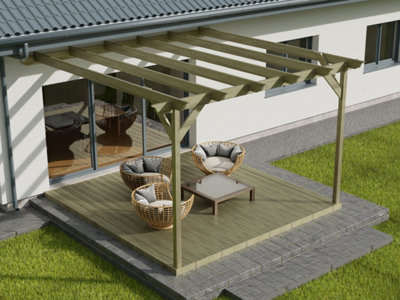 Wall mounted pergola and decking complete diy kit, Longhorn design (4.2m x 4.2m, Light green (natural) finish)