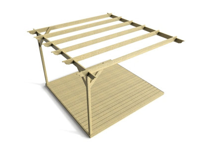 Wall mounted pergola and decking complete diy kit, Longhorn design (4.2m x 4.2m, Light green (natural) finish)