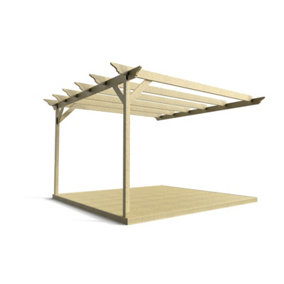 Wall mounted pergola and decking complete diy kit, Orchid design (2.4m x 2.4m, Light green (natural) finish)