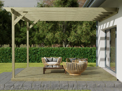 Wall mounted pergola and decking complete diy kit, Orchid design (3.6m x 3.6m, Light green (natural) finish)