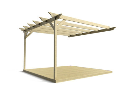 Wall mounted pergola and decking complete diy kit, Orchid design (4.8m x 4.8m, Light green (natural) finish)