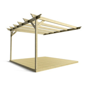 Wall mounted pergola and decking complete diy kit, Ovolo design (2.4m x 2.4m, Light green (natural) finish)