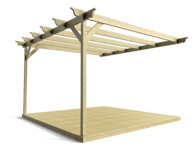Wall mounted pergola and decking complete diy kit, Ovolo design (4.2m x 4.2m, Light green (natural) finish)