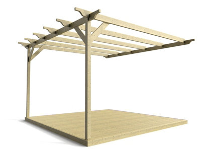 Wall mounted pergola and decking complete diy kit, Sculpted design (2.4m x 2.4m, Light green (natural) finish)