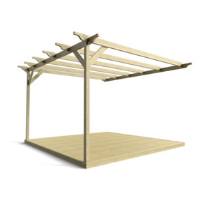 Wall mounted pergola and decking complete diy kit, Sculpted design (2.4m x 2.4m, Light green (natural) finish)
