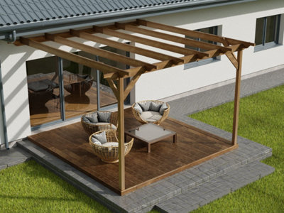 Wall mounted pergola and decking complete diy kit, Sculpted design (4.2m x 4.2m, Rustic brown finish)