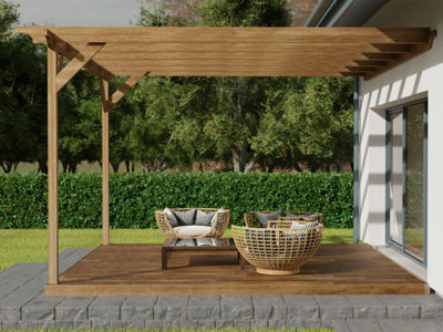 Wall mounted pergola and decking complete diy kit, Sculpted design (4.2m x 4.2m, Rustic brown finish)