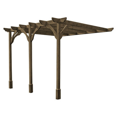 Wall Mounted Premium Pergola 3 Posts - Wood - L360 x W600 x H270 cm - Rustic Brown