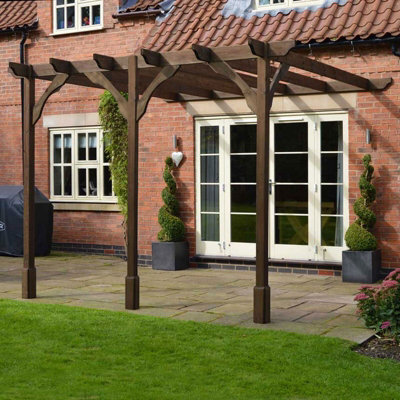 Wall Mounted Premium Pergola 3 Posts - Wood - L420 x W540 x H270 cm - Rustic Brown