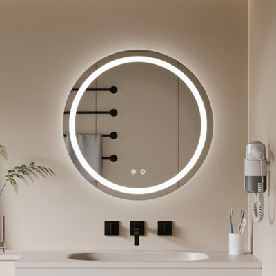 Wall Mounted Round LED Bathroom Mirror 60cm Dia Mirror White Colour Light
