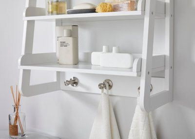 Wall Mounted Shelves with Chrome Hooks in White