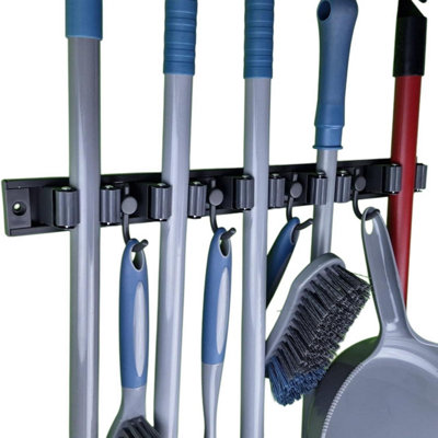 Wall Mount Mop & Broom Holder – 4 Slots & 4 Hooks – Garage/Kitchen Organizer