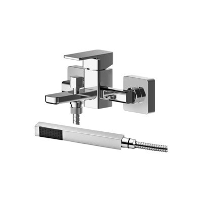 Wall Mounted Square Bath Shower Mixer Tap with Shower Kit - Chrome