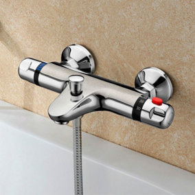 Wall Mounted Thermostatic Bath Shower Mixer Tap - Chrome Brass
