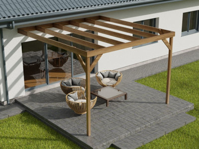Wall-mounted wooden box pergola, complete DIY kit, 1.8m x 1.8m (Rustic brown finish)