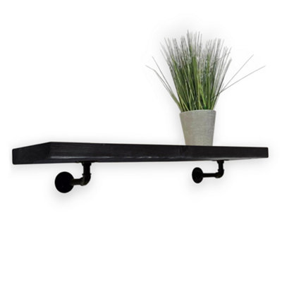 Wall-Mounted Wooden Shelf with PIPE Brackets (Black, 120cm Long)