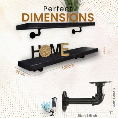 Wall-Mounted Wooden Shelf with PIPE Brackets (Black, 120cm Long)