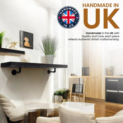 Wall-Mounted Wooden Shelf with PIPE Brackets (Black, 120cm Long)