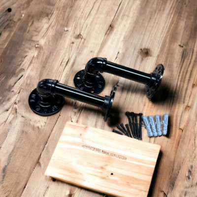 Wall-Mounted Wooden Shelf with PIPE Brackets (Black, 120cm Long)
