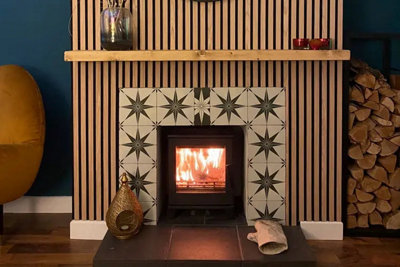 Vertical wall panelling on chimney breast surrounding a tiled fireplace.