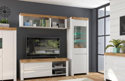 Wall Shelf Cabinet Display Storage Open Panel Unit White Gloss Oak Effect Holten