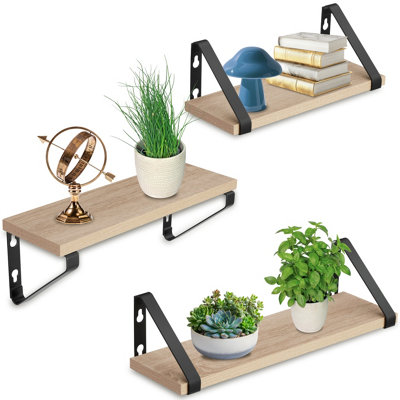 Wall Shelves - set of 3, decorative metal brackets, high load-capacity, 3 widths included  - industrial wood light, oak Sonoma