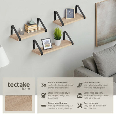Wall Shelves - set of 3, decorative metal brackets, high load-capacity, 3 widths included  - industrial wood light, oak Sonoma