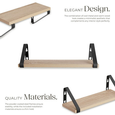 Wall Shelves - set of 3, decorative metal brackets, high load-capacity, 3 widths included  - industrial wood light, oak Sonoma