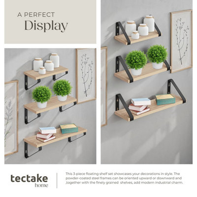 Wall Shelves - set of 3, decorative metal brackets, high load-capacity, 3 widths included  - industrial wood light, oak Sonoma