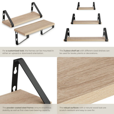 Wall Shelves - set of 3, decorative metal brackets, high load-capacity, 3 widths included  - industrial wood light, oak Sonoma