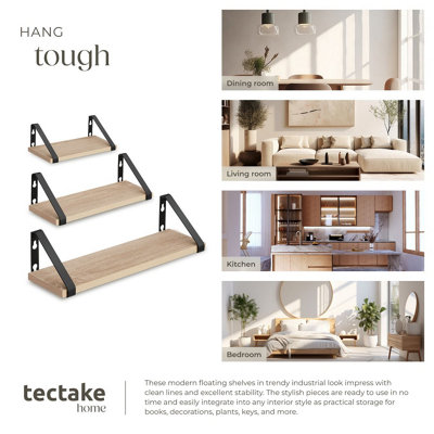 Wall Shelves - set of 3, decorative metal brackets, high load-capacity, 3 widths included  - industrial wood light, oak Sonoma