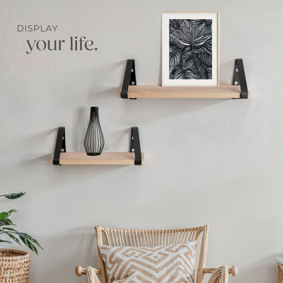 Wall Shelves - set of 3, decorative metal brackets, high load-capacity, 3 widths included  - industrial wood light, oak Sonoma