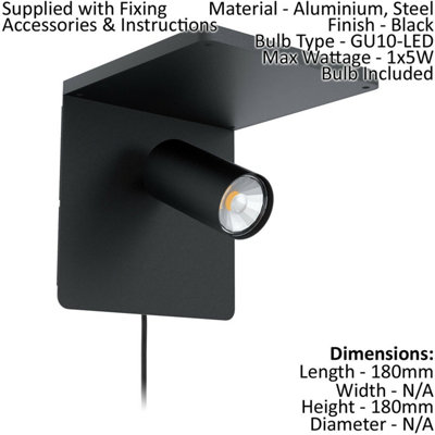 Wall Spot Light Colour Black Reading Rocker Switch Bulb GU10 1x5W Included