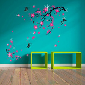 Wall Sticker Decal Pink Blossom Flowers with  Swarovski Crystals Decoration