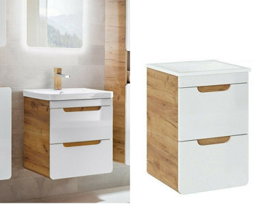 Wall Vanity Sink Unit 400mm Cloakroom Bathroom Small Cabinet White Gloss Oak Aruba