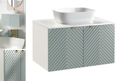 Wall Vanity Unit 800mm Ribbed Green Bathroom Cabinet White Countertop Sink Cara