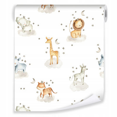 Wallpaper For Kids Children Animals White Non-Woven Modern Rolle 10 m x 50 cm + Paste