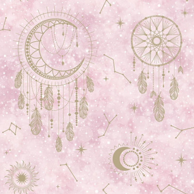 WallpaperShop Dreamcatcher Pink Gold Wallpaper Children's Bedroom Feature Wall