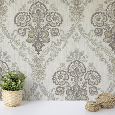 Wallquest Indian Paisley Damask Lilac Wallpaper Traditional Acrylic Coated